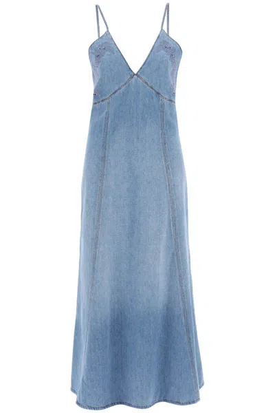 Chloé Denim Maxi Dress With Eyelet Embroidery In Blue