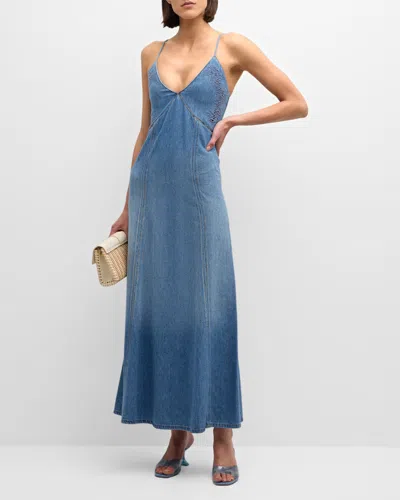 Chloé Denim Maxi Dress With Eyelet Embroidery In Blue