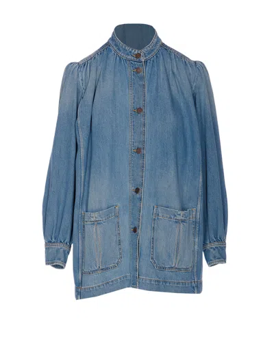 Chloé Long High Neck Gathered Denim Jacket In Iced Blue