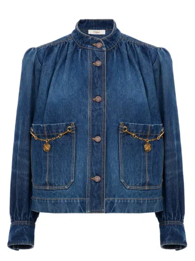 Chloé Women Blue Jacket With High Neck And Chain Detail On The Front In Denim Woman
