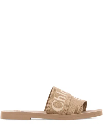 Chloé Chloè Different-sized Ribbon Sandals With Embroidered Logo In Brown