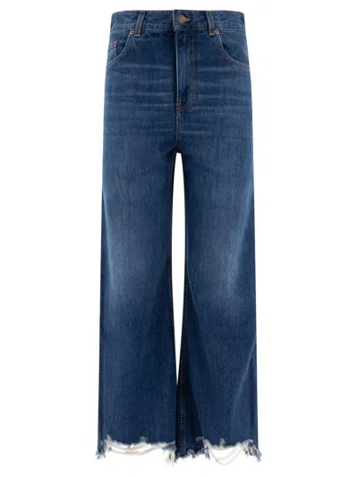 Chloé High Waist Wide-leg Cropped Jeans With Raw Hem In Night Blue