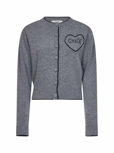 Chloé Divine Grey Wool And Cashmere Knit Embroidered Cardigan In Gray