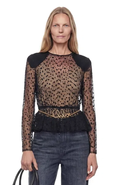 Chloé Polka-dot Peplum Cotton-blend Tulle Top In Black