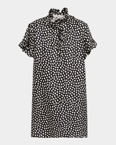 Chloé Dots Silk Jacquard Ruffle Short-sleeve Mini Dress In Black