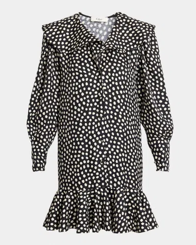 Chloé Dots-print Silk Jacquard Capelet Long-sleeve Mini Dress In Black