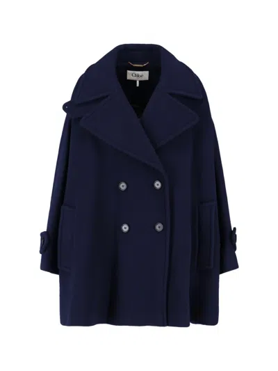 CHLOÉ CHLOÉ DOUBLE-BREASTED COAT – NAVY BLUE
