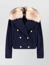 Chloé Crop Double Breasted Coat With Genuine Shearling Collar In Blue