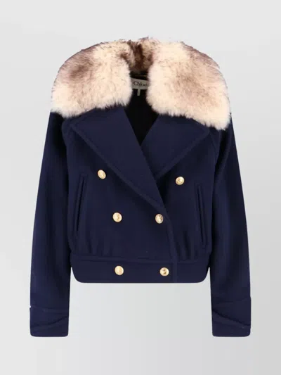 Chloé Double-breasted Fur Collar Gold Buttons Jacket In Blue