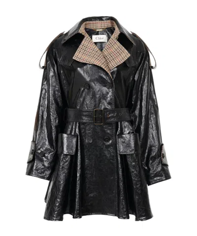 Chloé Coated Linen Belted Riding Trench Coat In Black