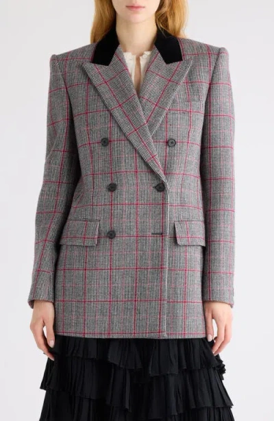 Chloé Double-breasted Velvet-trimmed Checked Wool Blazer In Gray