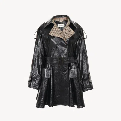 CHLOÉ DOUBLE-BREASTED SHORT RIDING COAT IN COATED LINEN BLACK SIZE 8 76% VIRGIN WOOL, 24% POLYAMIDE, HORN 