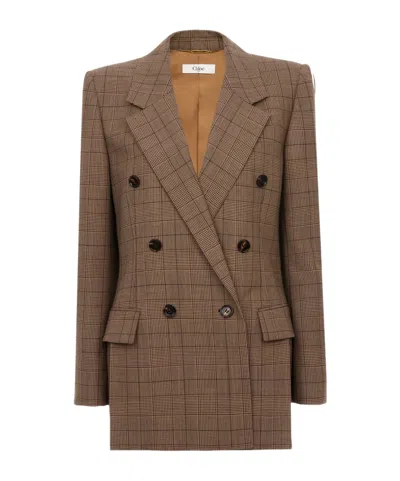 Chloé Double-breasted Tailored Jacket In Check Wool In Brown