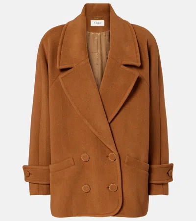 Chloé Double-breasted Short Coat In Herringbone Wool In Brown