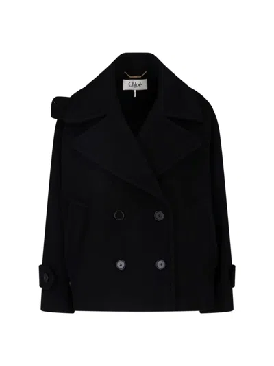 Chloé Double-breasted Wool Blend Coat In Black