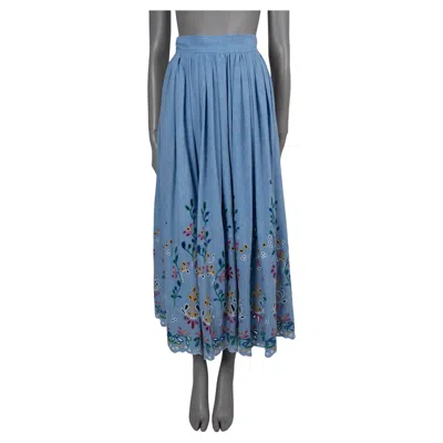 Pre-owned Chloé Chloe Downey Blue Cotton & Linen 2022 Broderie Anglaise Maxi Skirt S