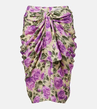 Chloé Midi Silk Skirt With Multicolour Floral Print In Purple