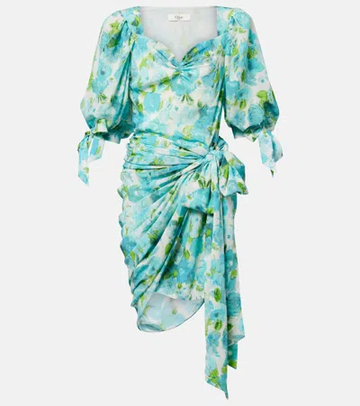 Chloé Dress Puff Sleeves Draped Asymmetric Hem Floral In Blue