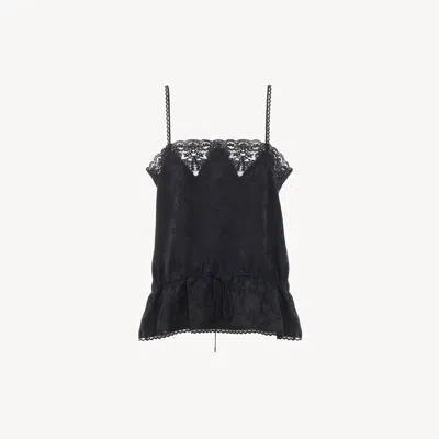 Chloé Drawstring Camisole Top In Silk Jacquard & Lace In Black