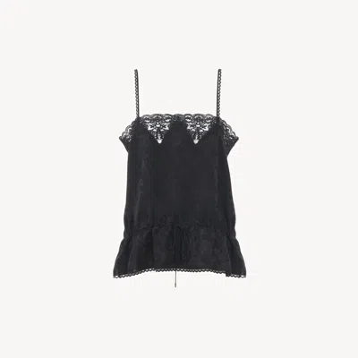 Chloé Drawstring Camisole Top In Silk Jacquard & Lace Black Size 4 100% Silk