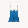 Chloé Drawstring Camisole Top In Silk Jacquard & Lace Blue Size 10 100% Silk In Blue