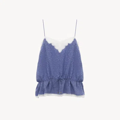 Chloé Drawstring Camisole Top In Silk Jacquard & Lace In Blue