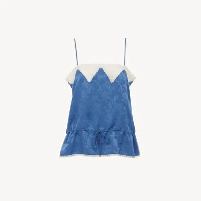CHLOÉ DRAWSTRING CAMISOLE TOP IN SILK JACQUARD & LACE BLUE SIZE 10 100% SILK