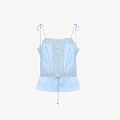 Chloé Drawstring Camisole Top In Washed Silk Satin & Lace In Blue