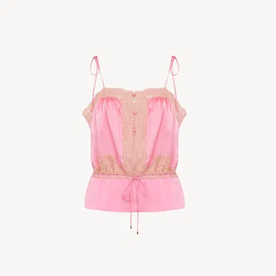Chloé Drawstring Camisole Top In Washed Silk Satin & Lace In Pink