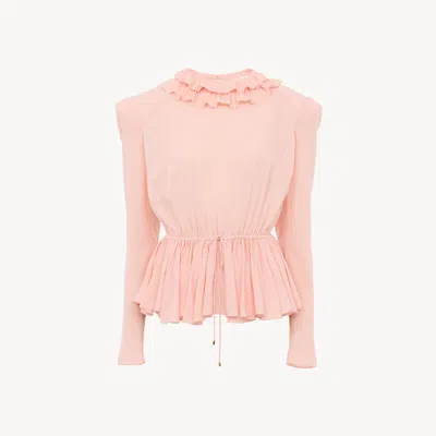 Chloé Drawstring Ruffle Top In Jacquard Silk In Pink