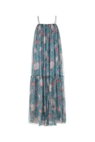 Chloé Chloe Women Long Dress Peonies Print On Organic Silk Mousseline In Blue