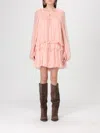 Chloé Women Pink Mini Dress With Drawstring On The Front And Cape Design In Silk Woman In Pink