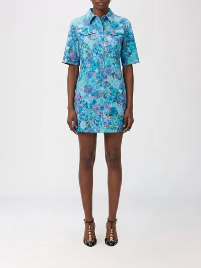 Chloé Floral Cotton Twill Short-sleeve Mini Shirtdress In Blue