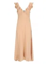 Chloé Long Silk Dress With Flared Skirt And Ruffled Straps In Beige