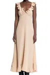 Chloé Long Silk Dress With Flared Skirt And Ruffled Straps In Beige