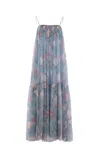 Chloé Chloe Women Long Dress Peonies Print On Organic Silk Mousseline In Grizzled Blue