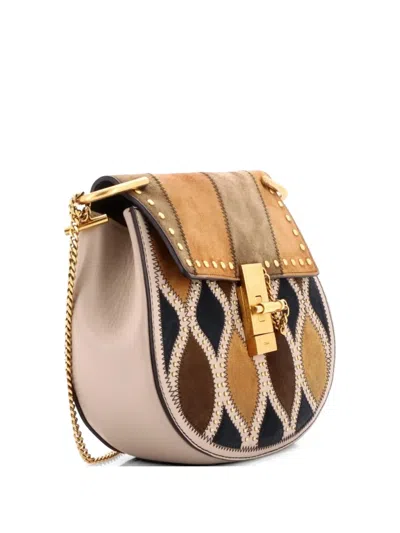 Pre-owned Chloé Drew Patchwork Studded Leather And Suede Small Crossbody Bag In Neutral