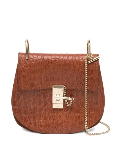 Pre-owned Chloé Drew Shoulder Bag Croc Embossed In Brown