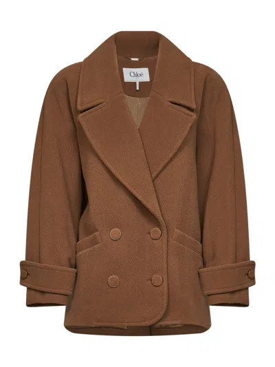 Chloé Dusty Camel Herringbone Wool Short Coat In Brown