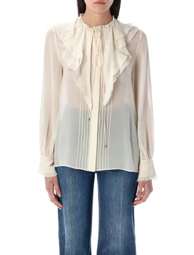 CHLOÉ CHLOÉ DUSTY WHITE SILK RUFFLED BLOUSE