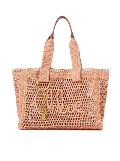 Chloé East-west Summer Banana Tote Bag In Raffia In Nude