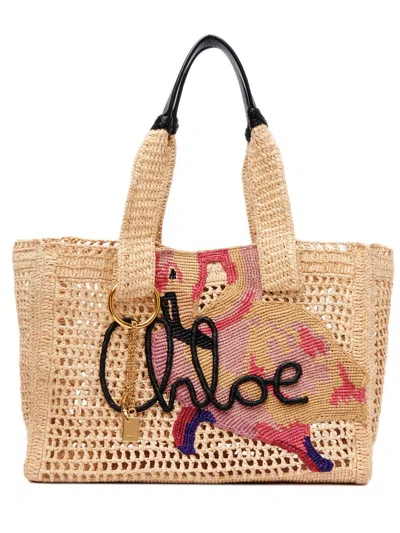 Chloé East-west Summer Banana Tote Bag In Raffia In Nude