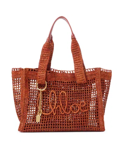 Chloé East-west Summer Banana Tote Bag In Raffia In Brown