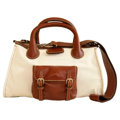 Pre-owned Chloé Chloe Edith Medium Tote In White Canvas And Brown Leather