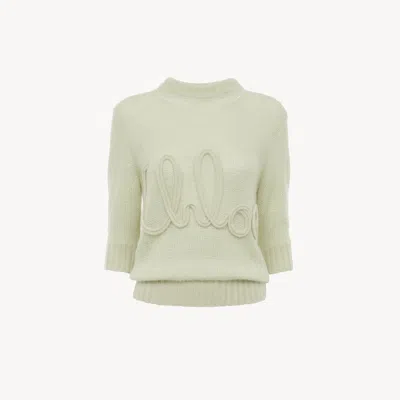 CHLOÉ PULL MANCHES TROIS-QUART EN MAILLE DE LAINE ALPAGA ET SOIE À LOGO FEMME VERT TAILLE M 62% WOOL VICUG