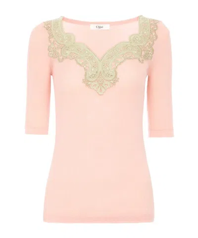 Chloé Fitted Sweater In Wool And Lace Knit In Neutral