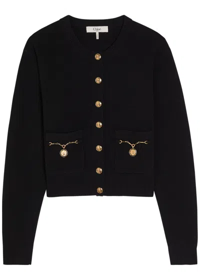 Chloé Chloe Embellished-pocket Wool And Cashmere-blend Cardigan In Black