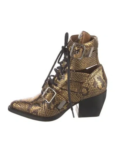 Pre-owned Chloé Embossed Leather Animal Print Combat Boots In Yellow