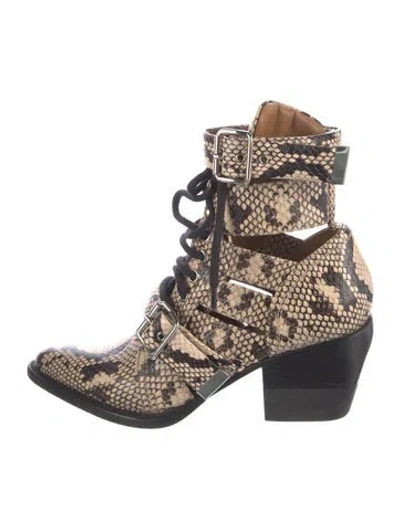 Pre-owned Chloé Embossed Leather Animal Print Lace-up Boots In Neutral