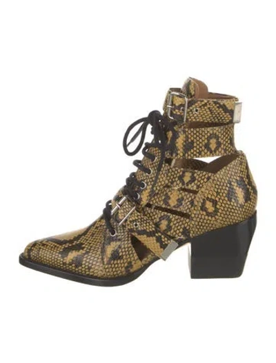 Pre-owned Chloé Embossed Leather Animal Print Lace-up Boots In Yellow